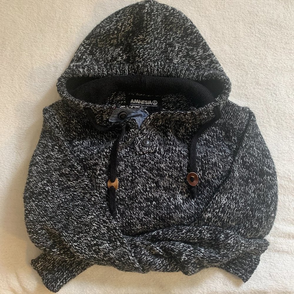 Amnesia Black Grey Henley Sweater Hoodie Small
